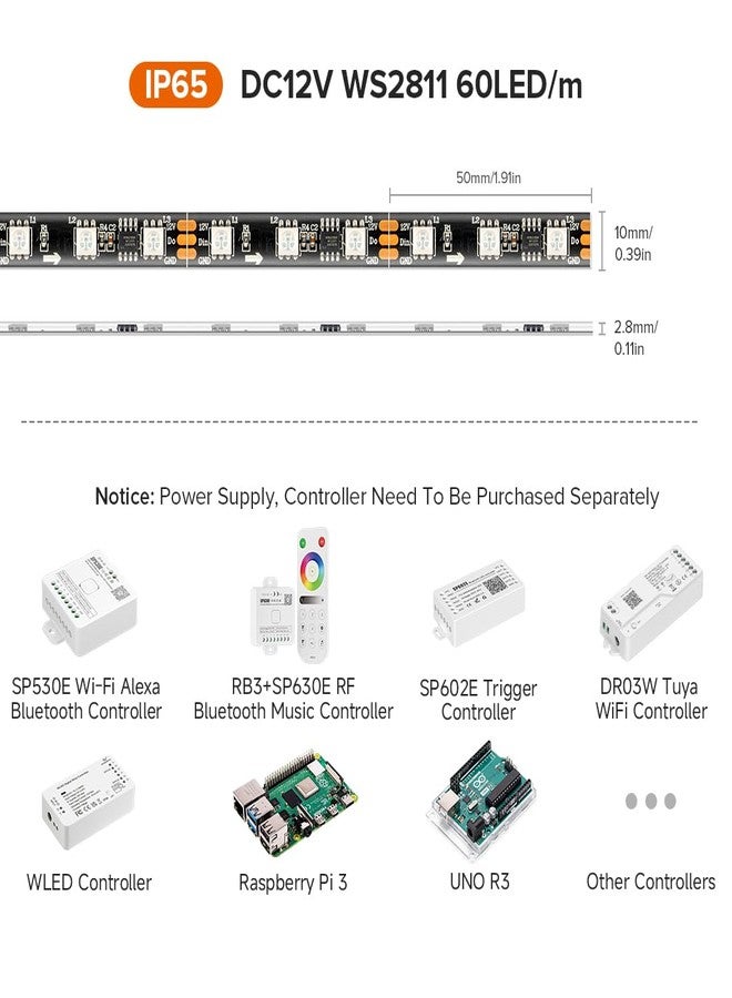 BTF-LIGHTING شريط إضاءة LED قابل للعنونة من BTF-LIGHTING طراز WS2811 IC=RGB+IC، بطول 16.4 قدم، 60 مصباح LED/متر، 20 بكسل/متر، مقاوم للرذاذ بمعيار IP65، لوحة دوائر مطبوعة سوداء مرنة، يعمل بجهد DC12V، تأثير إضاءة متتابعة، مناسب للديكور المنزلي الداخلي (بدون محول أو وحدة تحكم). - Image 2